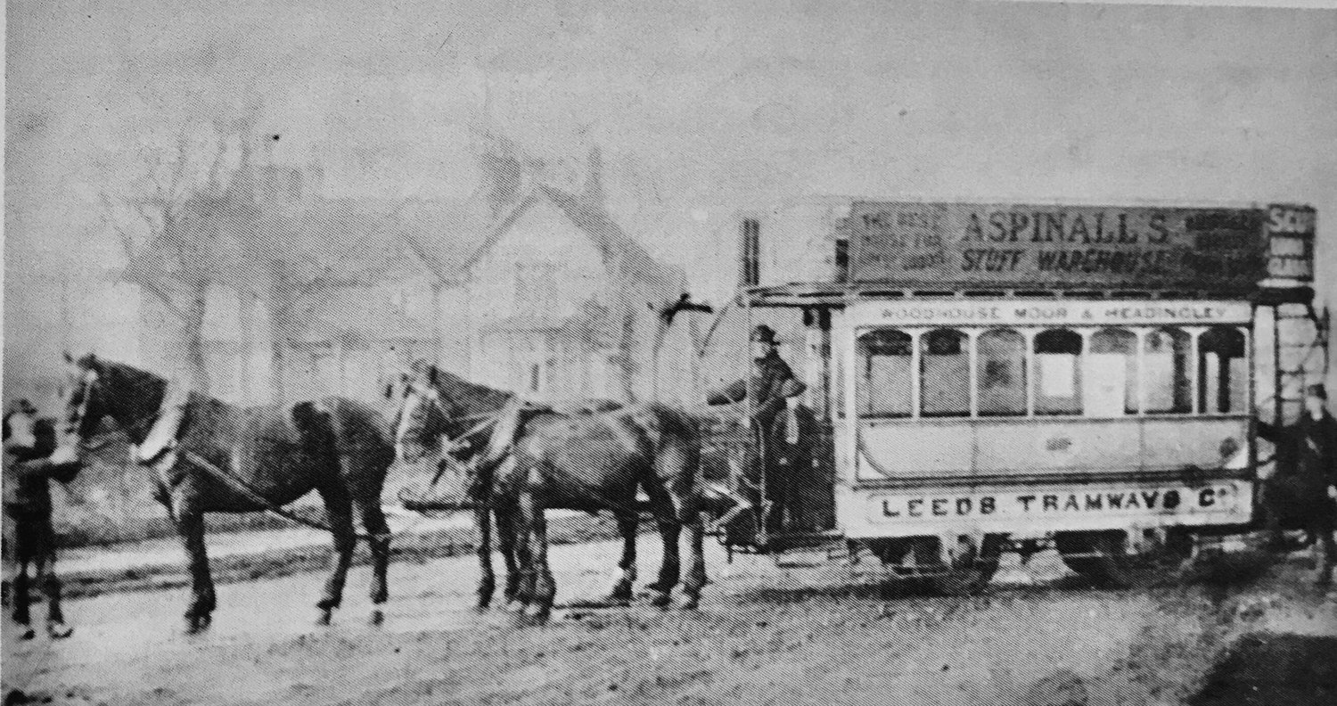 Horse Tram, leaving Headingley Depot, across Otley Road, 1880