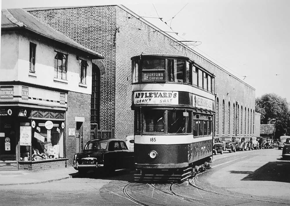 Tram No 185, route 2, destination Moortown, New Headingley Depot, St Chad's Road, circa 1954