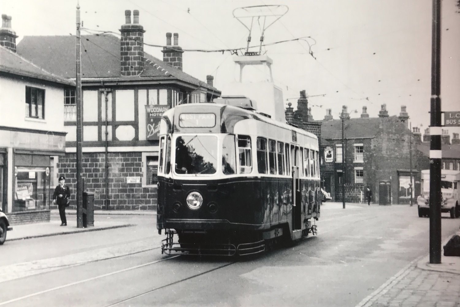 Railcar 601, route 1, destination West Park, passing the Woodman Hotel, Otley Road, 1953