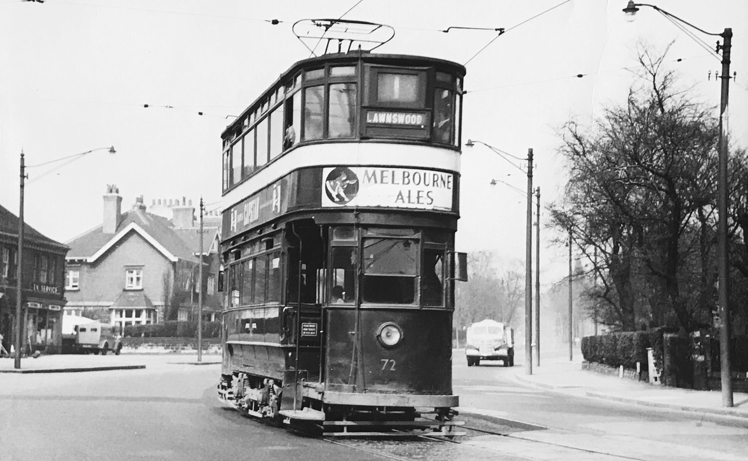 Tram No 72, route 1, destination Lawnswood, Otley Road, circa 1940