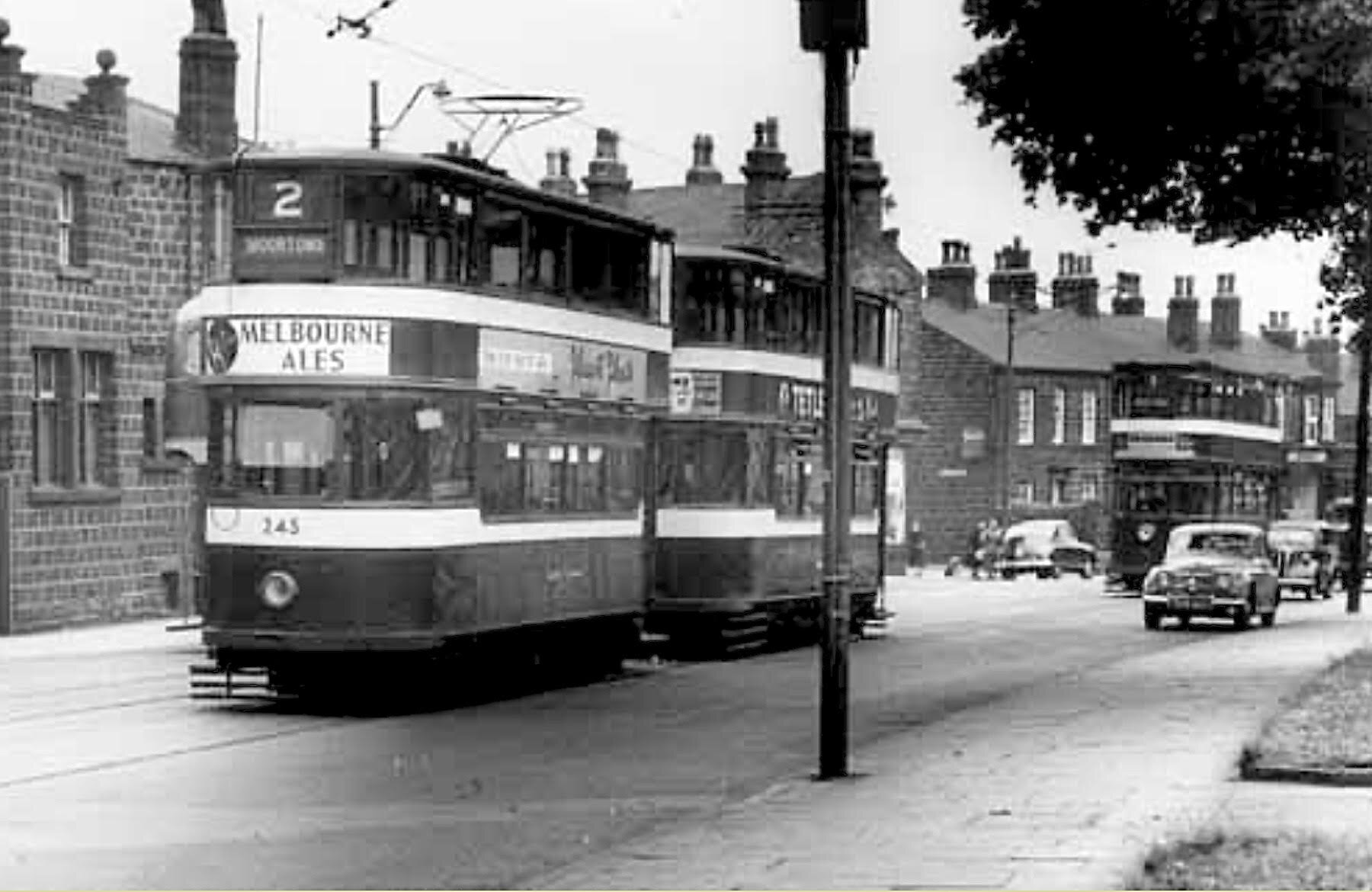 Tram 245, route 2, to Moortown, and another tram, followed by Tram 78, route 1, to West Park, 1953