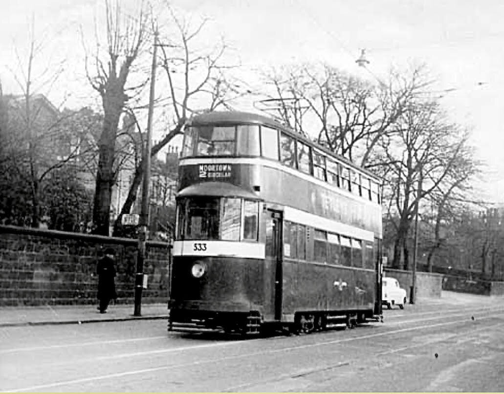 Electric Tram No 533, route 2, destination Moortown Circular, Headingley Lane, c1955