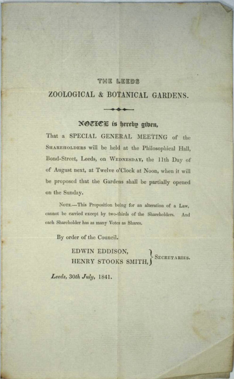 Leeds Zoological and Botanical Gardens, Special General Meeting, 11 August 1841