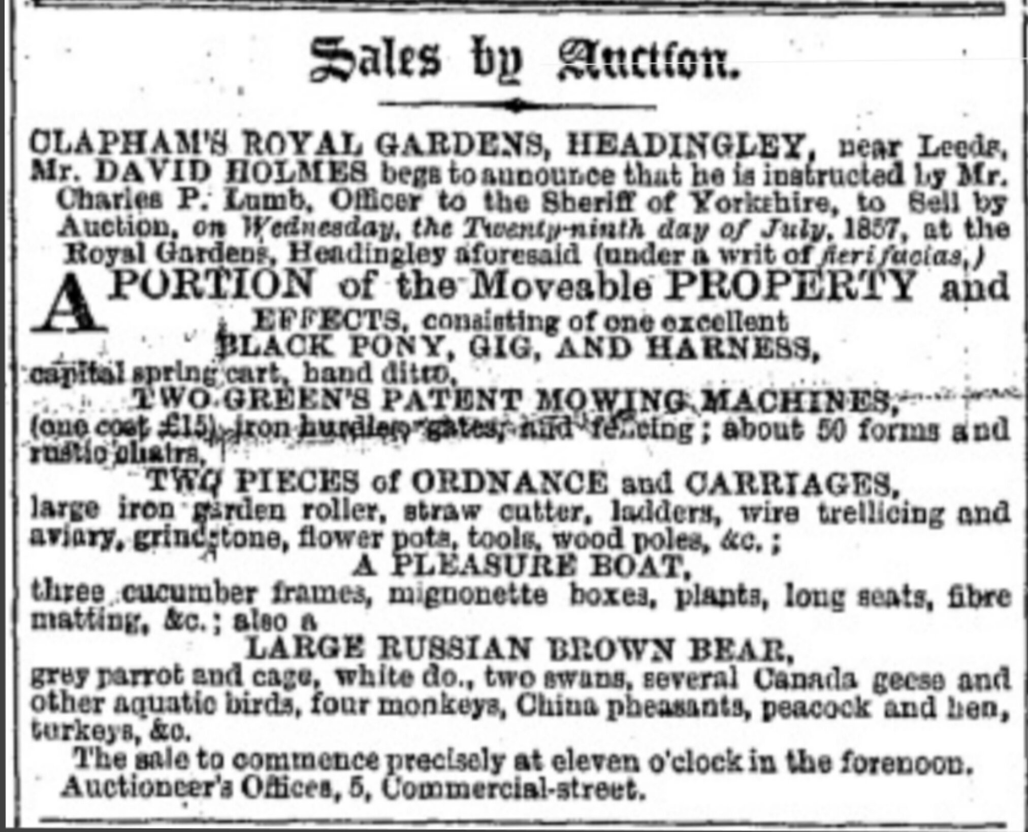 Leeds Royal Gardens, Sale, 29 July 1857