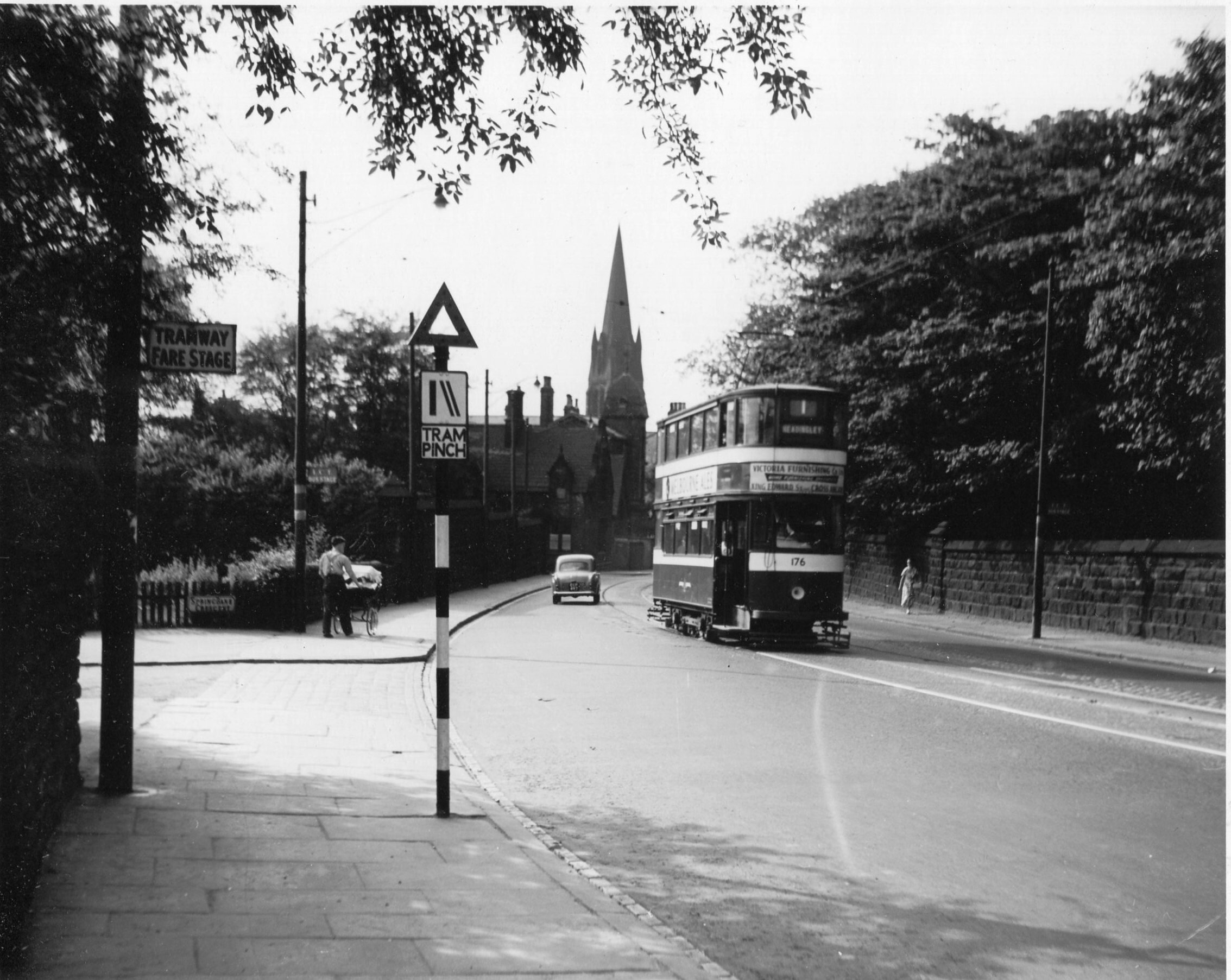 Tram 176, route 1, destination Headingley, Headingley Lane, c1955
