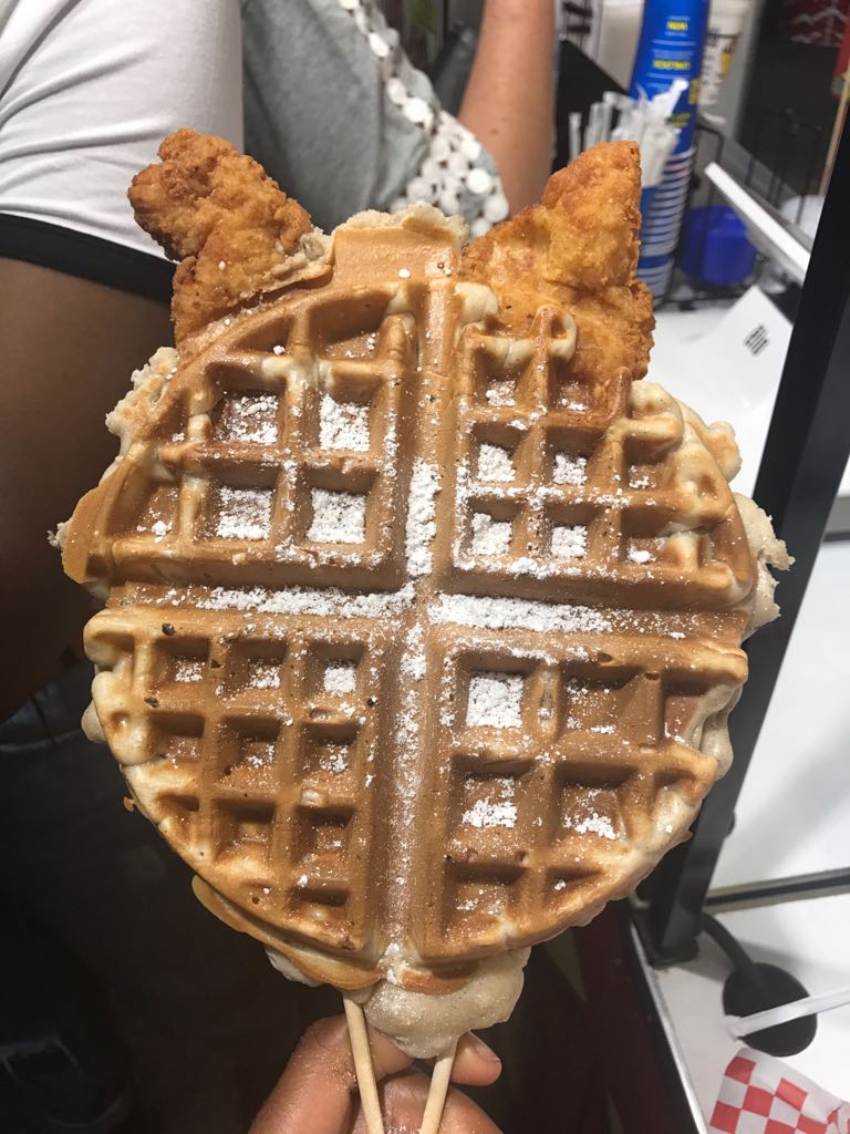 Chicken and waffles on a stick