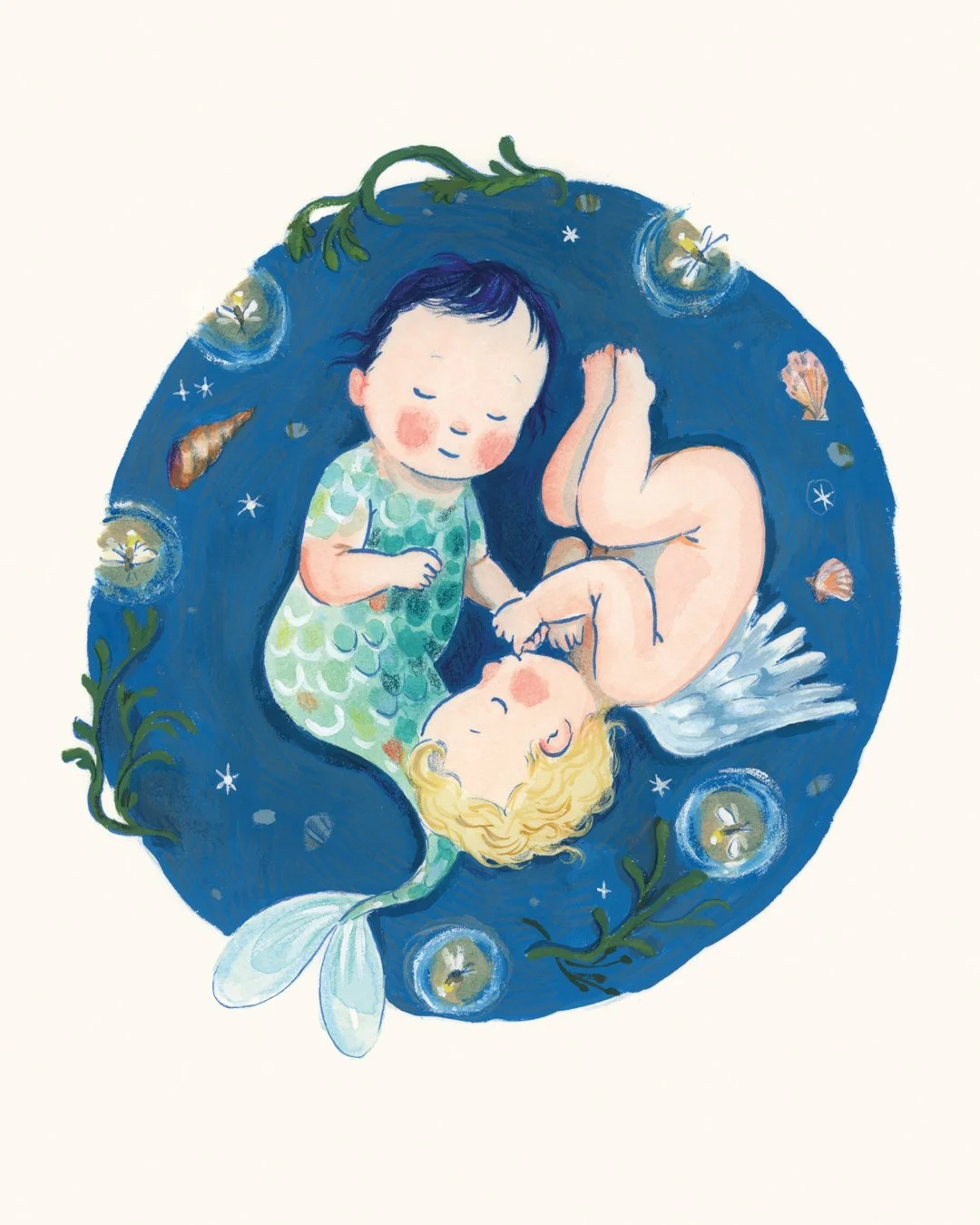 An illustration of two babies lying eyes closed on the sand in the dark