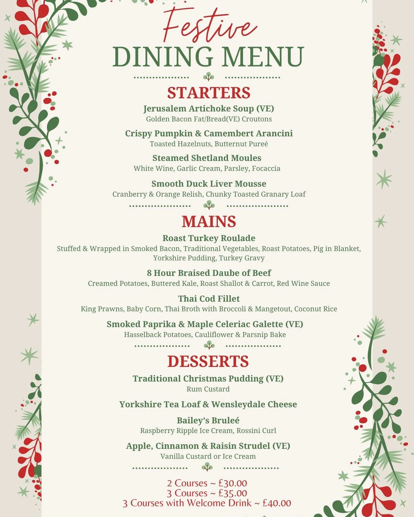 🎄 FESTIVE DINING DATES 🎄
📆 Sunday 14th December & Sunday 21st December
🕐 Tables at 1pm & 3pm 
🍽 2 Courses - £30.00 / 3 Courses - £35.00
🥂 3 Courses with a Welcome Drink - £40.00
Call 01964 630634 or email info@duned