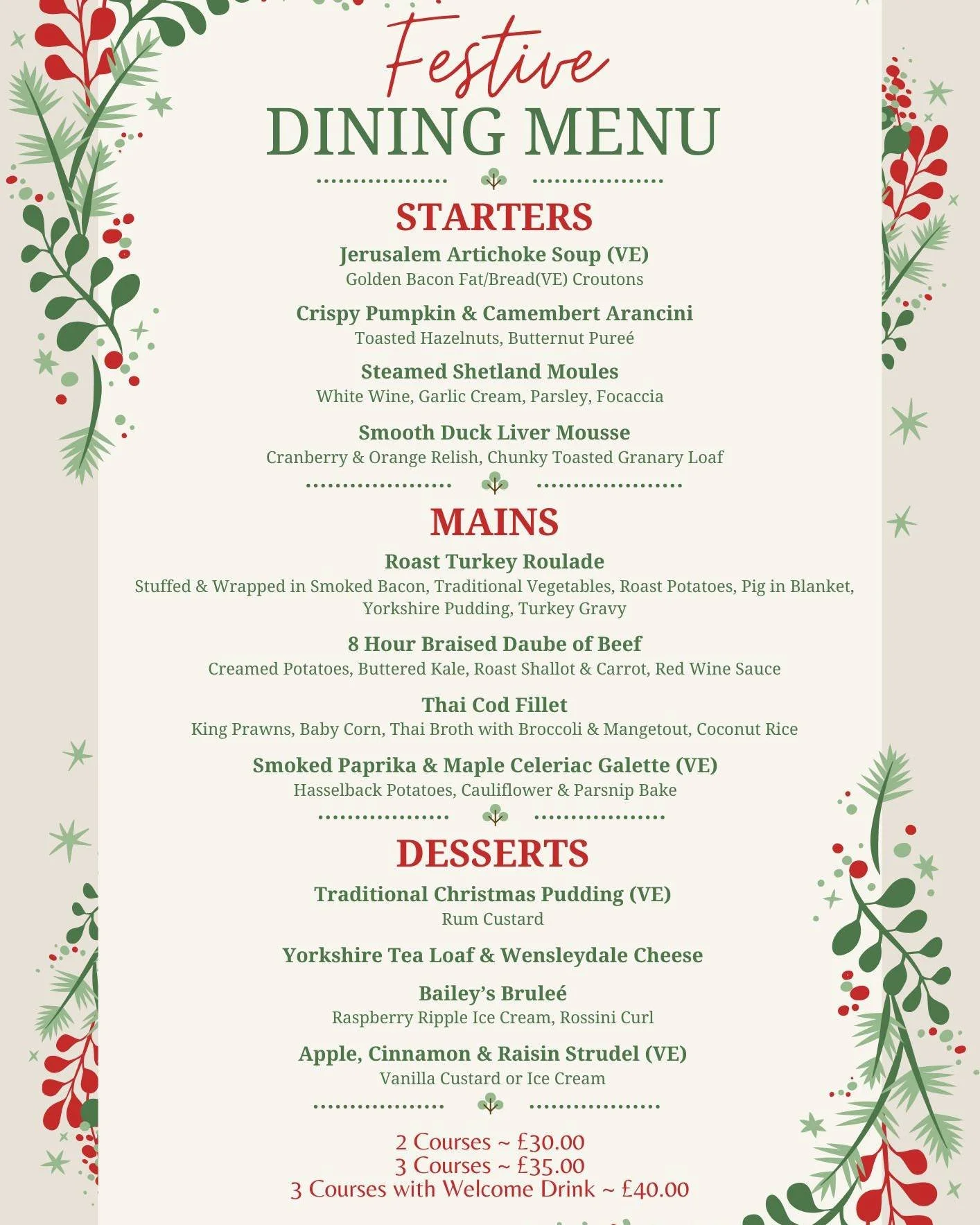 🎄 FESTIVE DINING 🎄

We have some tables available for Sunday 21st December!

🕐 Tables at 1pm &amp; 3pm 
🍽 2 Courses - &pound;30.00 / 3 Courses - &pound;35.00
🥂3 Courses with a Welcome Drink - &pound;40.00

Call 01964 630634 or email info@dunedin
