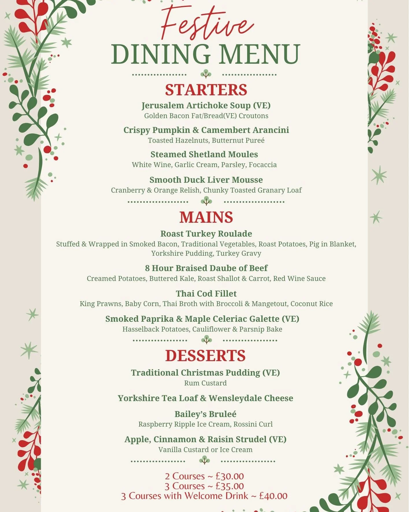 🎄 FESTIVE DINING 🎄

We have some tables available for Sunday 14th and Sunday 21st December!

🕐 Tables at 1pm &amp; 3pm
🍽 2 Courses - &pound;30.00 / 3 Courses - &pound;35.00
🥂3 Courses with a Welcome Drink - &pound;40.00

Call 01964 630634 or ema