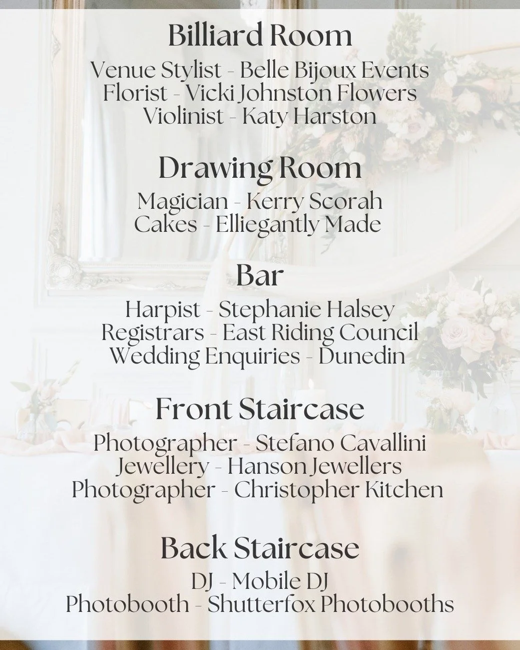 🎺SUPPLIER REVEAL 🎺

There are some exciting changes to our Spring Wedding Fayre this year - you will not want to miss it! Our fabulous recommended suppliers are:

🎀 @bellebijoux_events / 💐 @vickijohnstonflowers 
🎻 @katyharstonviolinist / 🎼 @ste