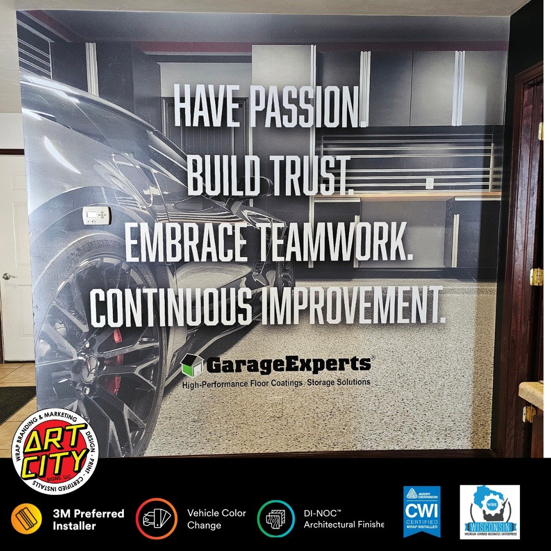 Office feature wall for GarageExperts of Fox Valley.

#graphics #vinylwraps #branding #graphicinstallation #graphicinstaller #smallbusinessbranding #wrapshop #fleetgraphics