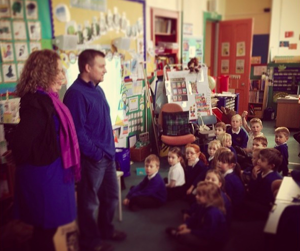 Speaking to elementary students about the United States in Montrose, Scotland.