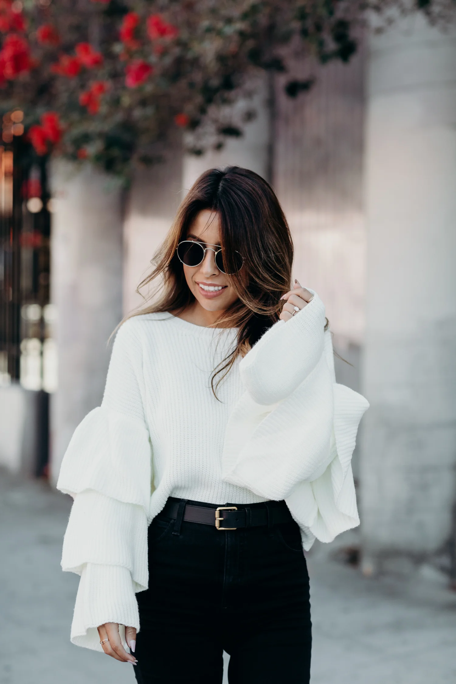 ribbed ruffle sleeve sweater outfit, gucci belt, joes jeans, fall outfit ideas from Everyday Pursuits