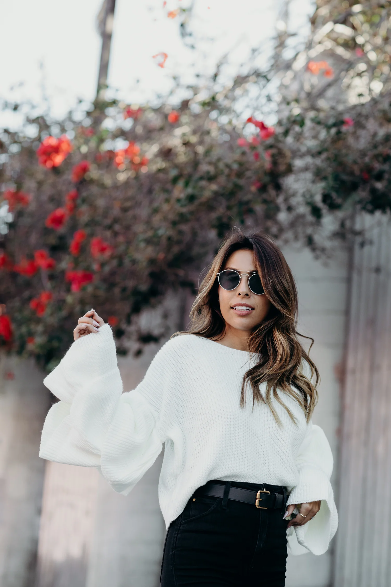 fall outfit ideas, white ruffle sweater outfit, gucci belt, Everyday Pursuits