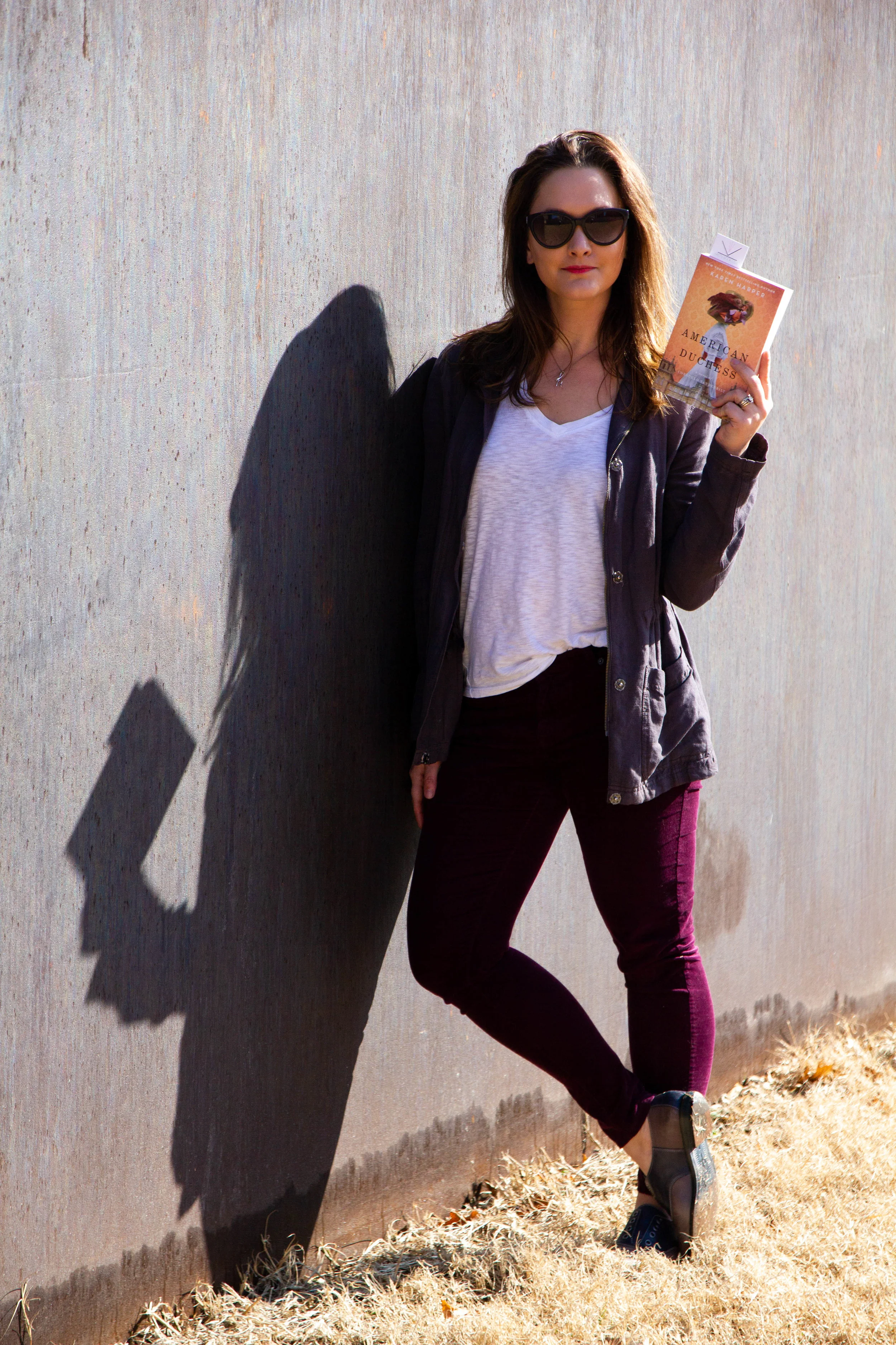 Reading American Duchess by Karen Harper at the Serra Sculpture Park in St. Louis, MO