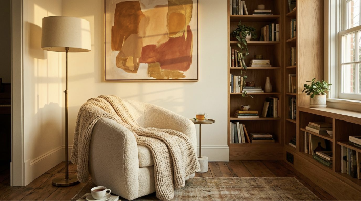 A warm living room reading corner with a plush armchair, floor lamp, wooden bookshelves, and a large framed artwork on the wall