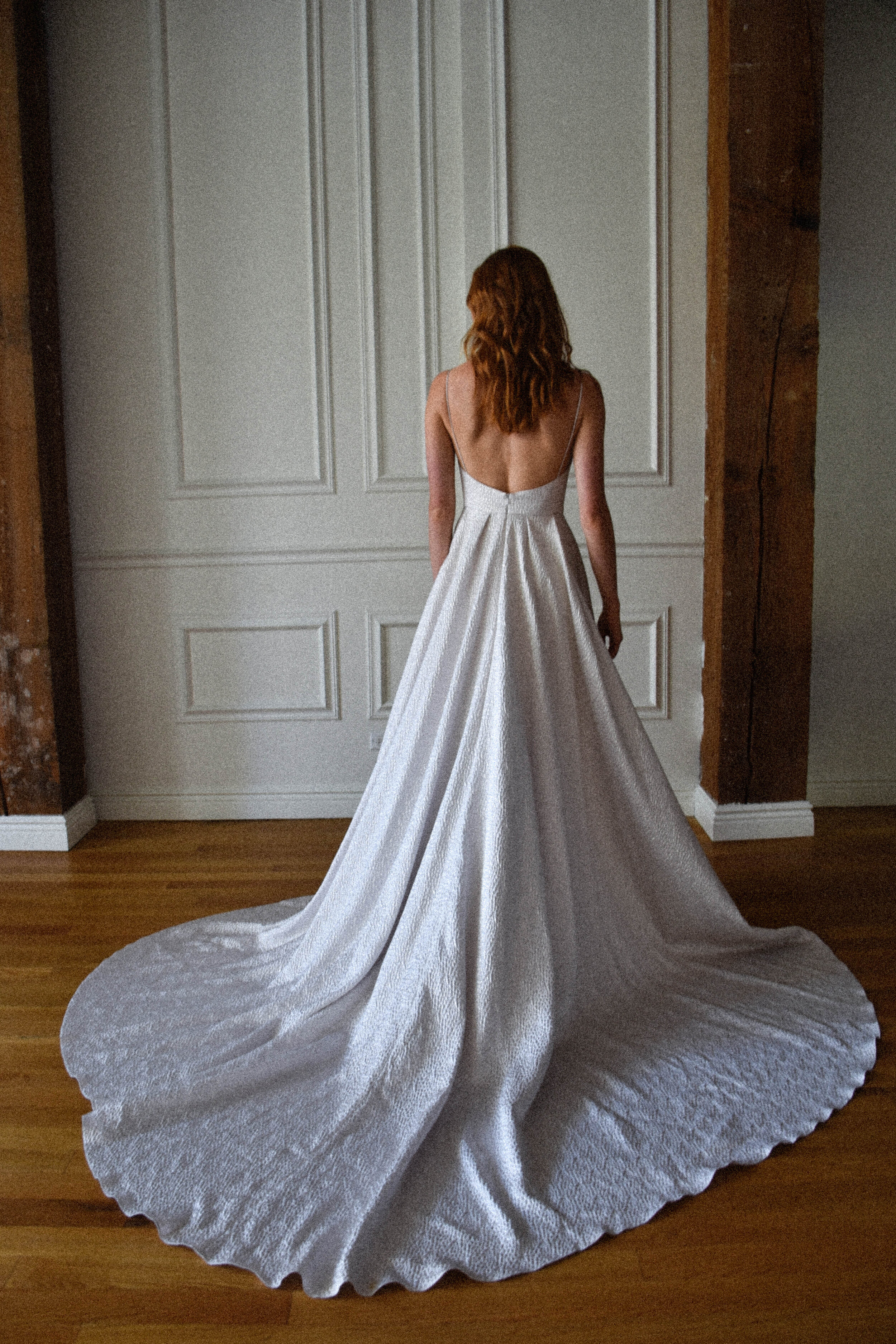 Modern Shimmering Platinum A-Line Wedding Dress with Leg Slit