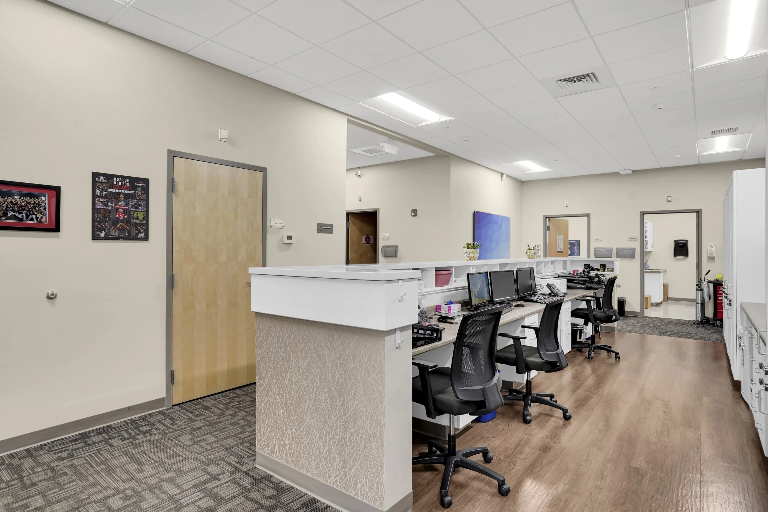 nurses stations with countertop and hallway
