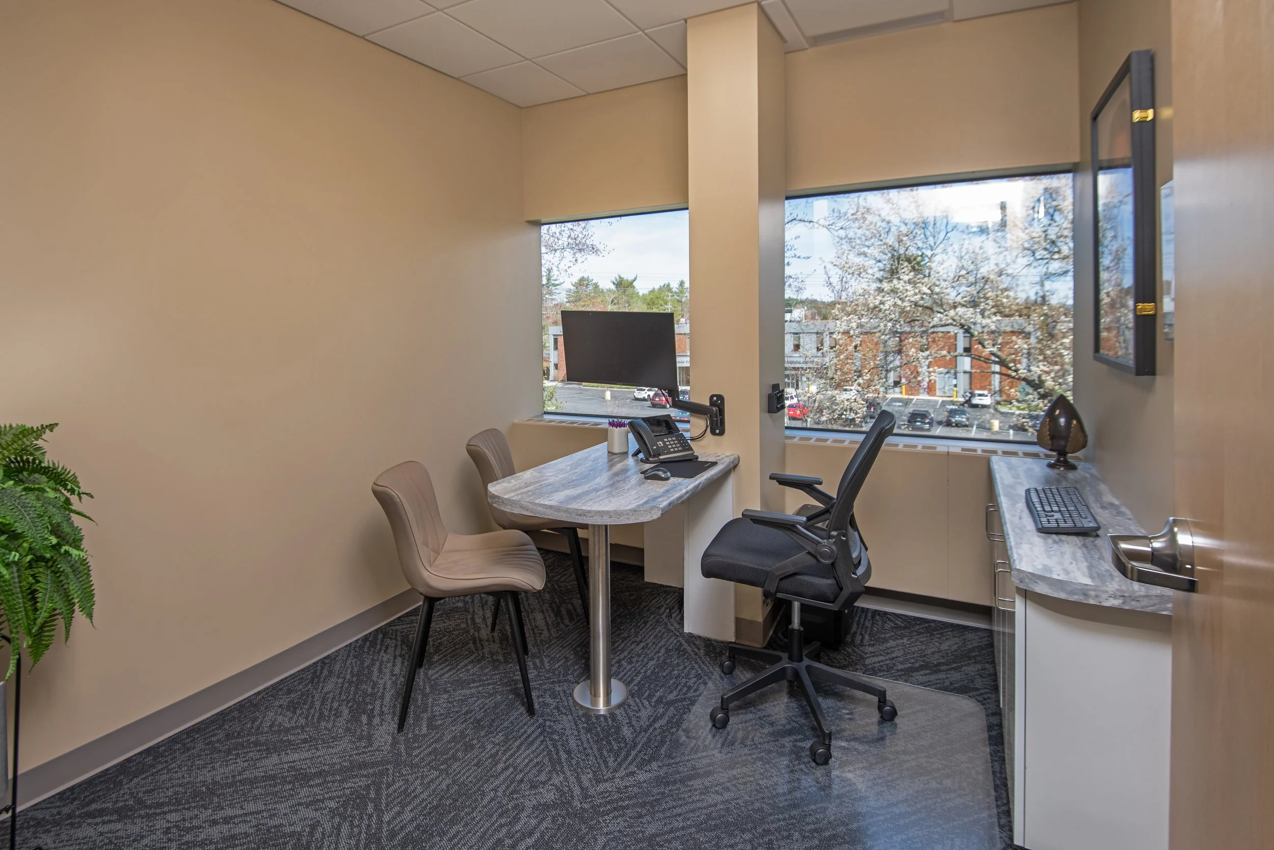 consultation room with desk, chairs, and computer screen