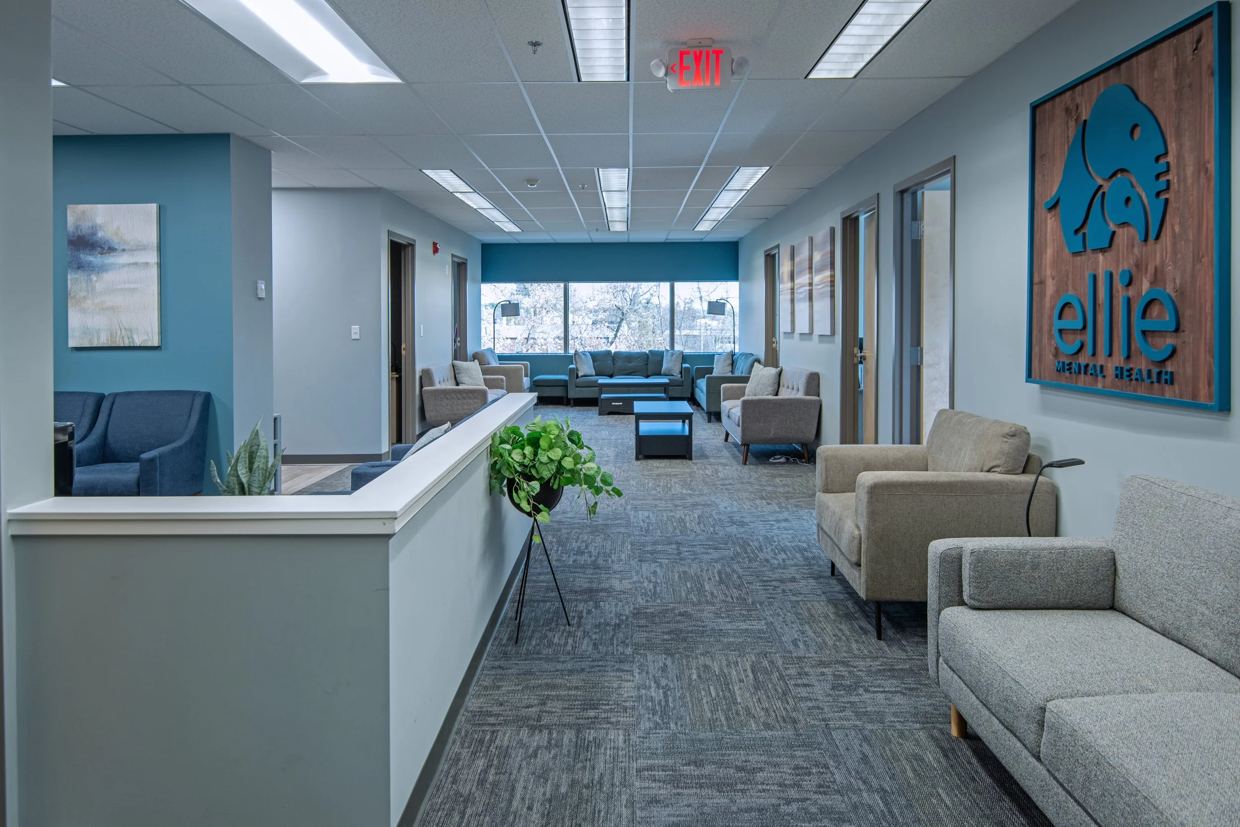 hallway reception desk and waiting area in mental health clinicians office