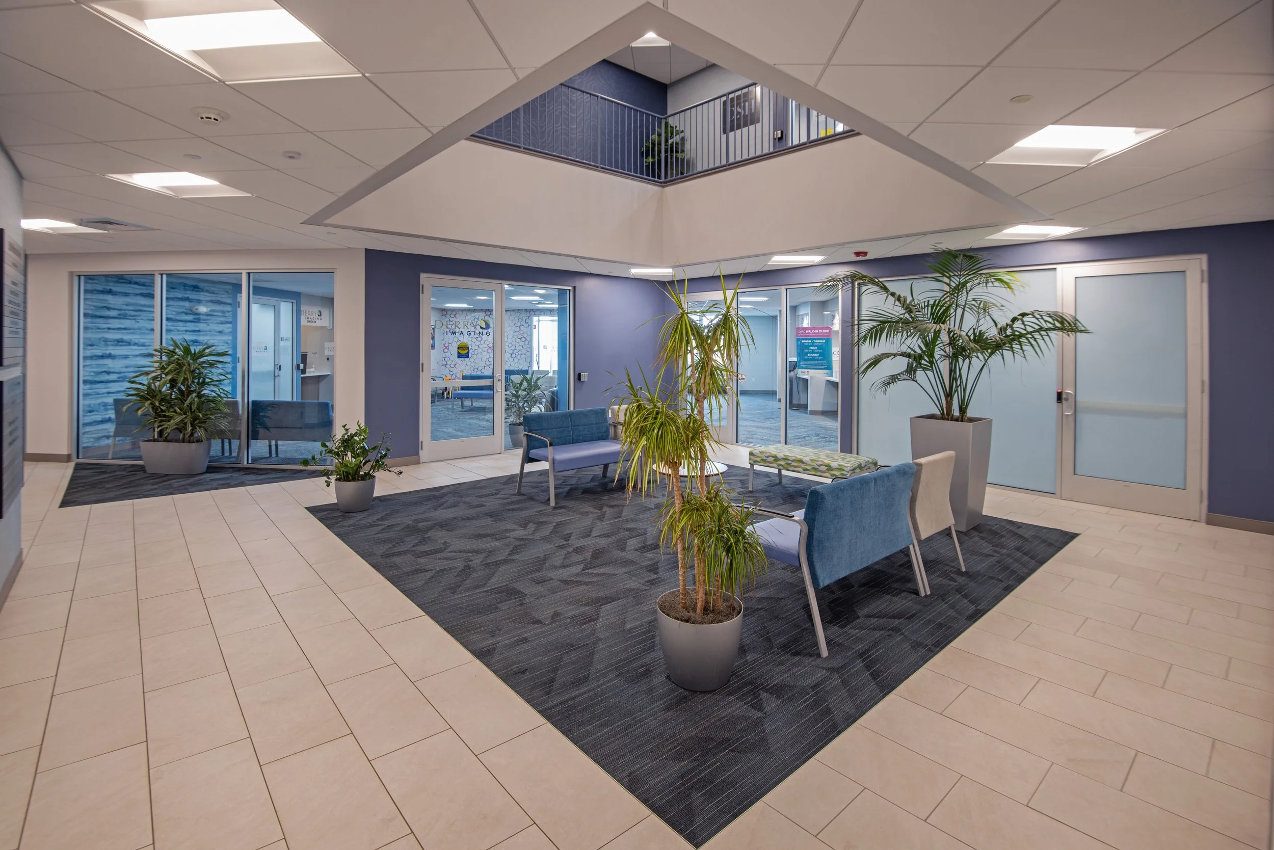 open medical office lobby with views to second floor