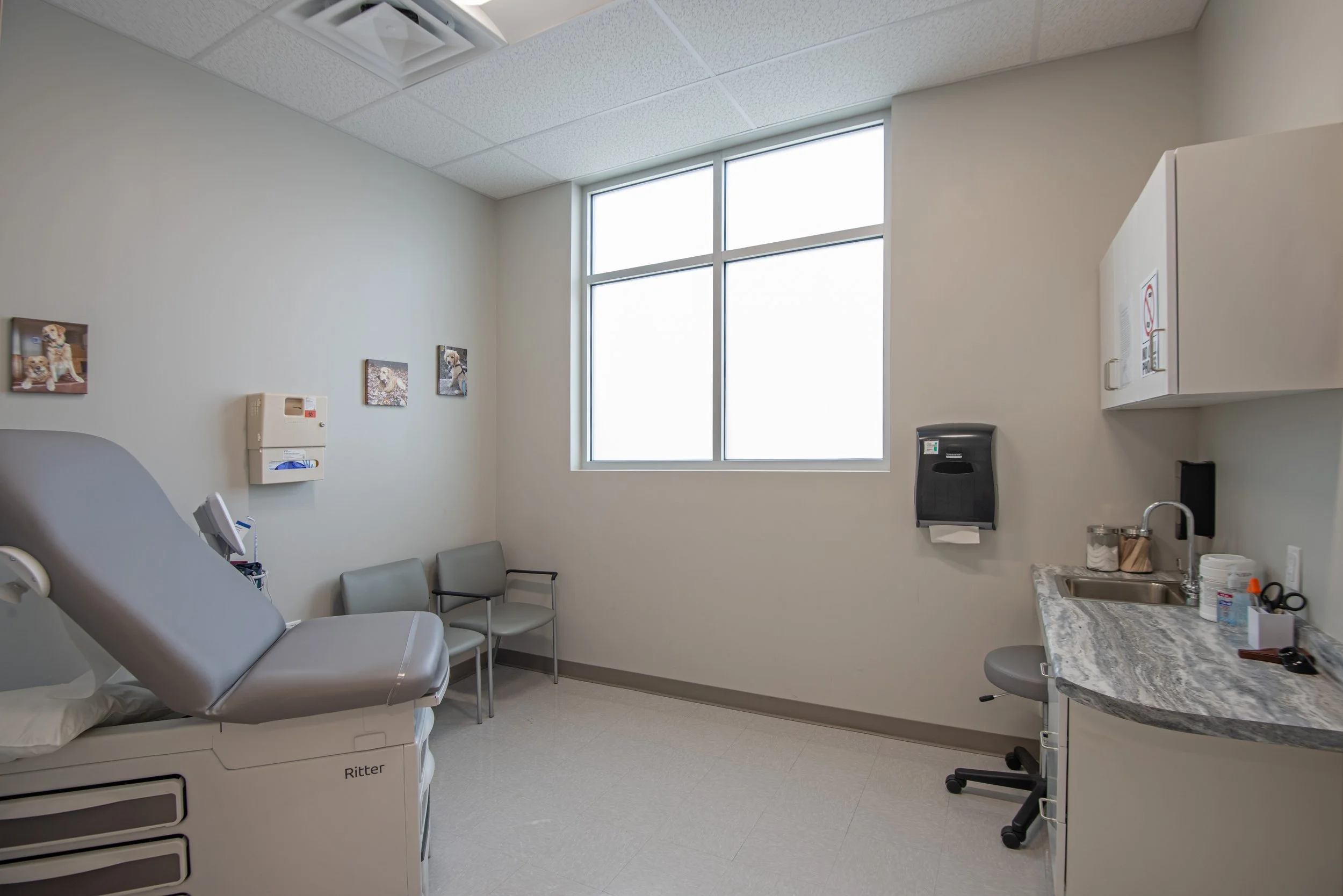 patient exam room with exam table, chairs, cabinets, and windows