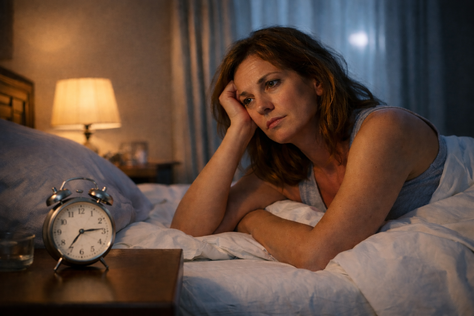 Frau liegt nachts wach im Bett – Schlafstörungen in der Prämenopause können dazu führen, dass Frauen ab 35 zwischen 2 und 4 Uhr aufwachen.