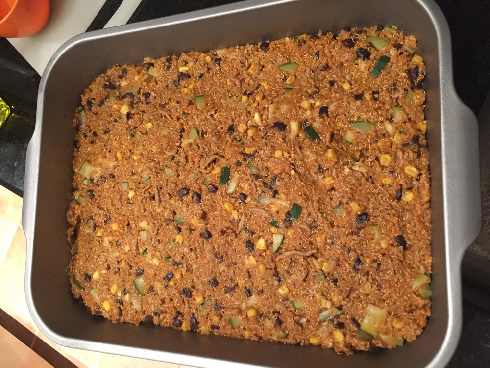 Tray of chicken quinoa enchilada bake
