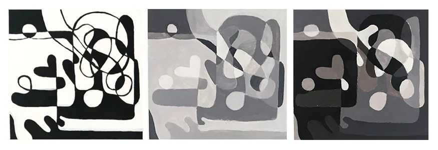 Value Interchange Assignment Students create three repeated compositions made with organic shape. The goal is to create three entirely different paintings by experimenting with value. Although the compositions are the same, we note that value drastically changes how the viewer reads a work of art. Acrylic on Paper