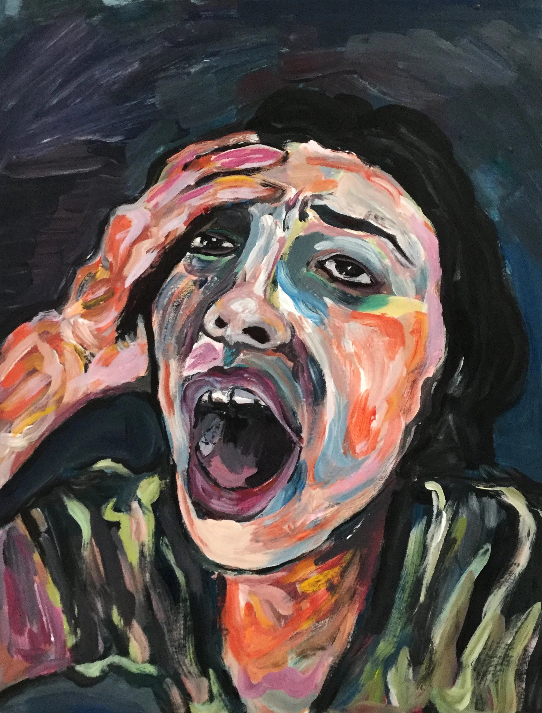 Expressionism-Self Portrait This project follows the artistic movement Expressionism. While utilizing a cool and dull color palette, students are asked to create a self portrait by looking within themselves. Students are encouraged to explore exaggeration in form and expression of brushstroke to evoke an emotional effect.