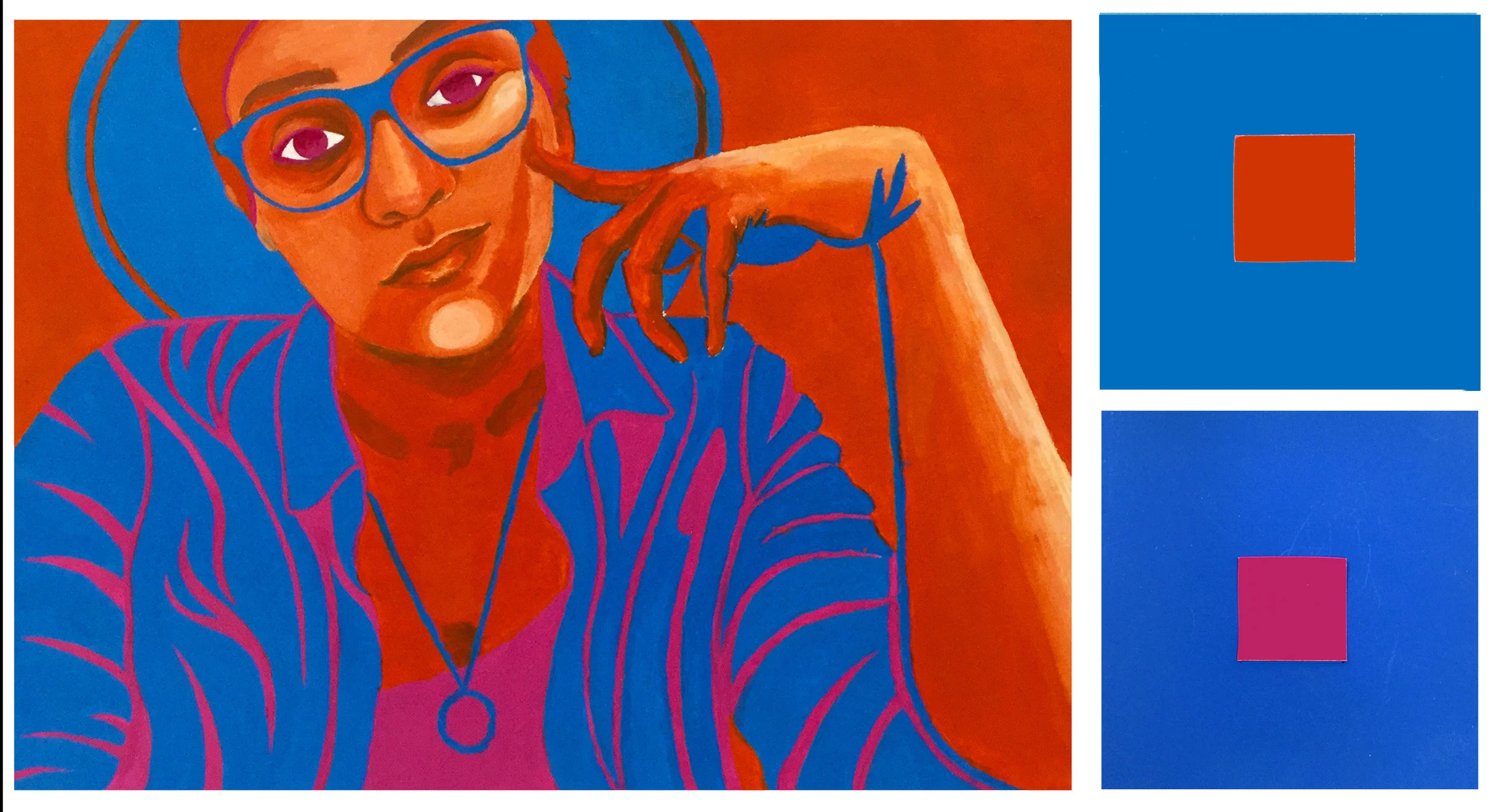 Color Vibration-Self Portrait This project studies the use of color opposites on the color wheel. Creating a self-portrait, students discover optical vibration by placing two color opposites of high intensity next to one another. Students are encouraged to find other means of optical vibration beside the use of color opposites. Such as, two colors that are close in value. Acrylic on Paper