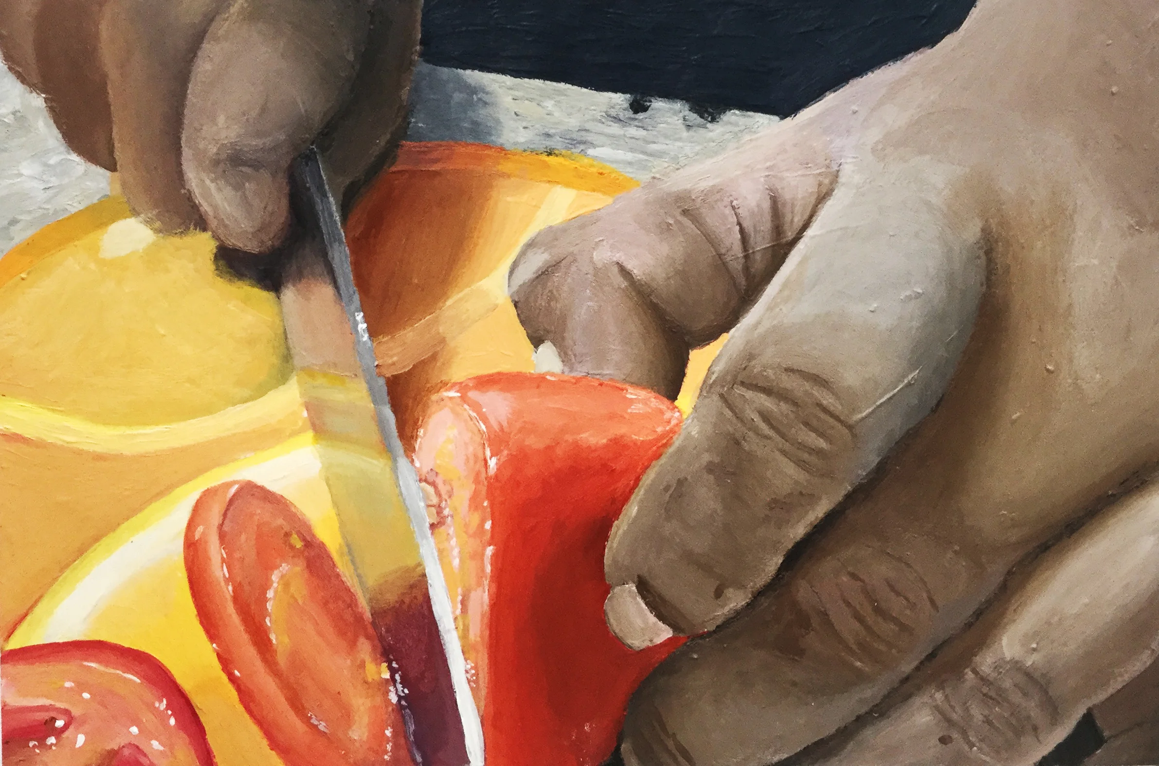 Final “Home isn’t just a place to live, sometimes it’s just people you love or your favorite foods. For me it’s the little things like my dog, moms cooking, or even laughter. I’m a long way from home.” Acrylic on Paper