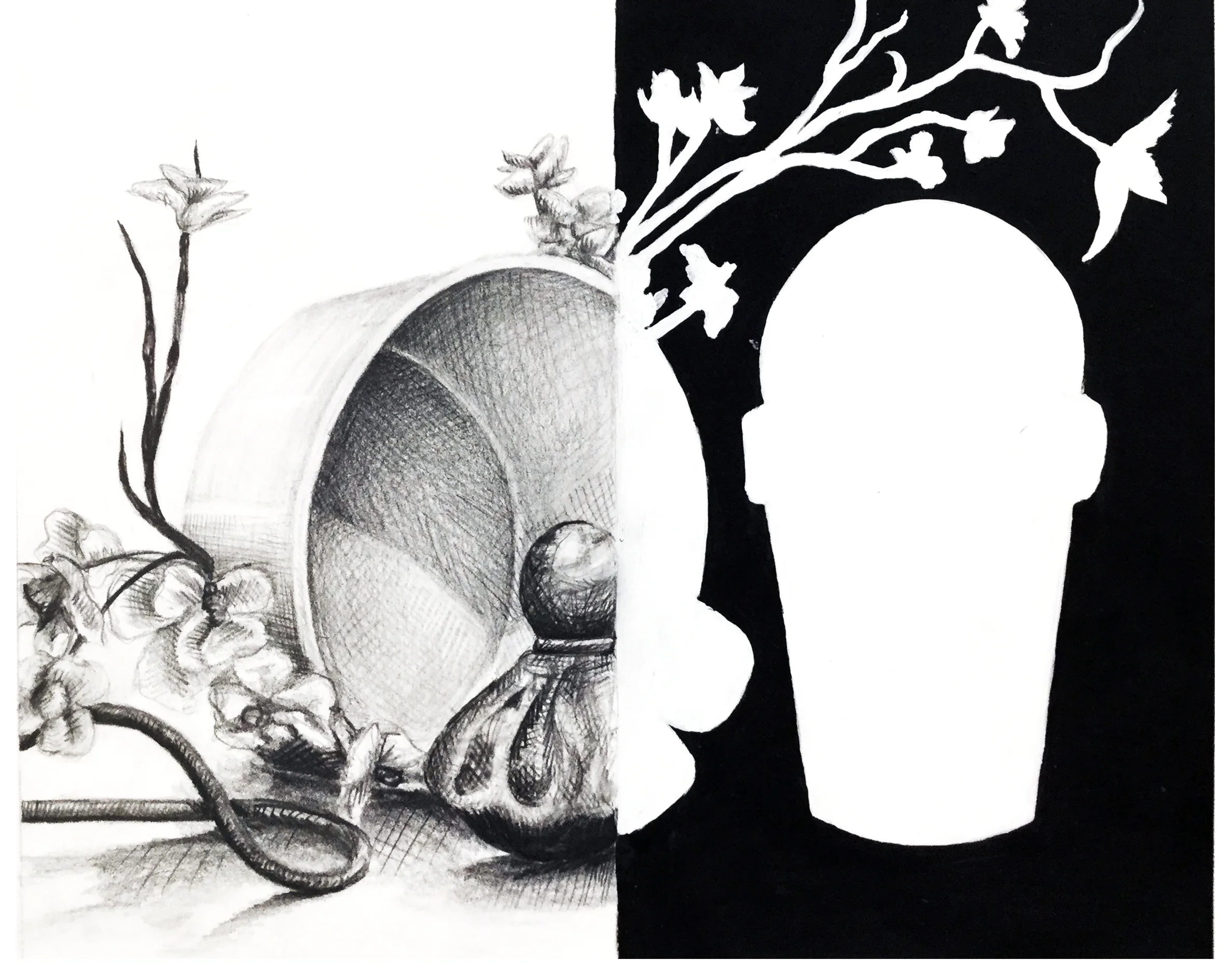Positive and Negative Space The goal of this assignment is for students to clearly visualize positive and negative space on a two dimensional plain. Students divide the composition symmetrically and begin with a line drawing of the still life. On on side students will observe positive space by drawing objects with attention to value on a white background. The remaining side of the drawing will filter out the positive and negative space of the still life, using black as background and white as shape. Graphite and Acrylic on Paper