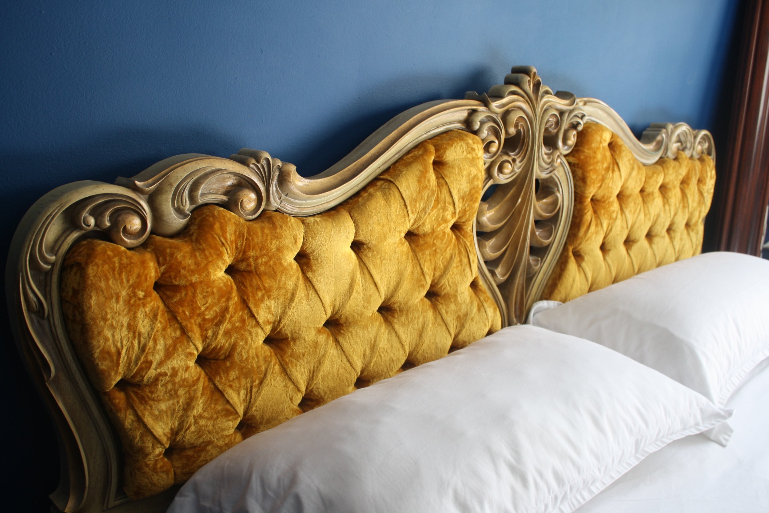 King Size 1920s Gold Frame Gold Velvet Tufted Headboard — Opossum & Taft
