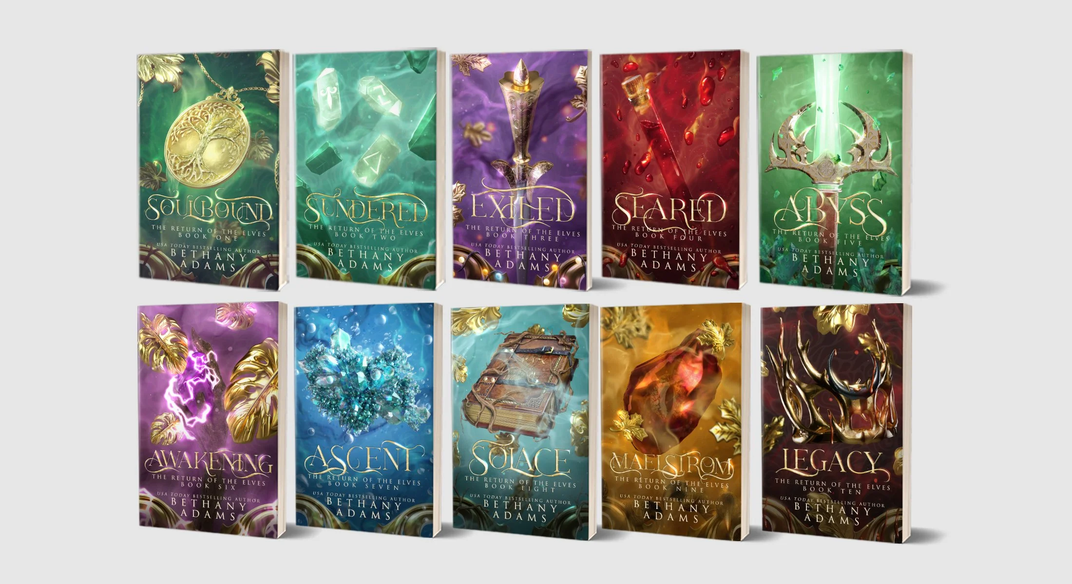 All ten books in the Return of the Elves series lined up in rows of 5