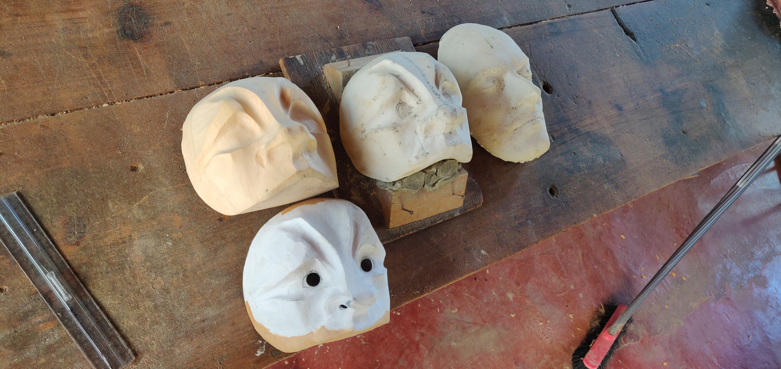 Carved wooden matrix, unpainted papier mache mask, plaster positive