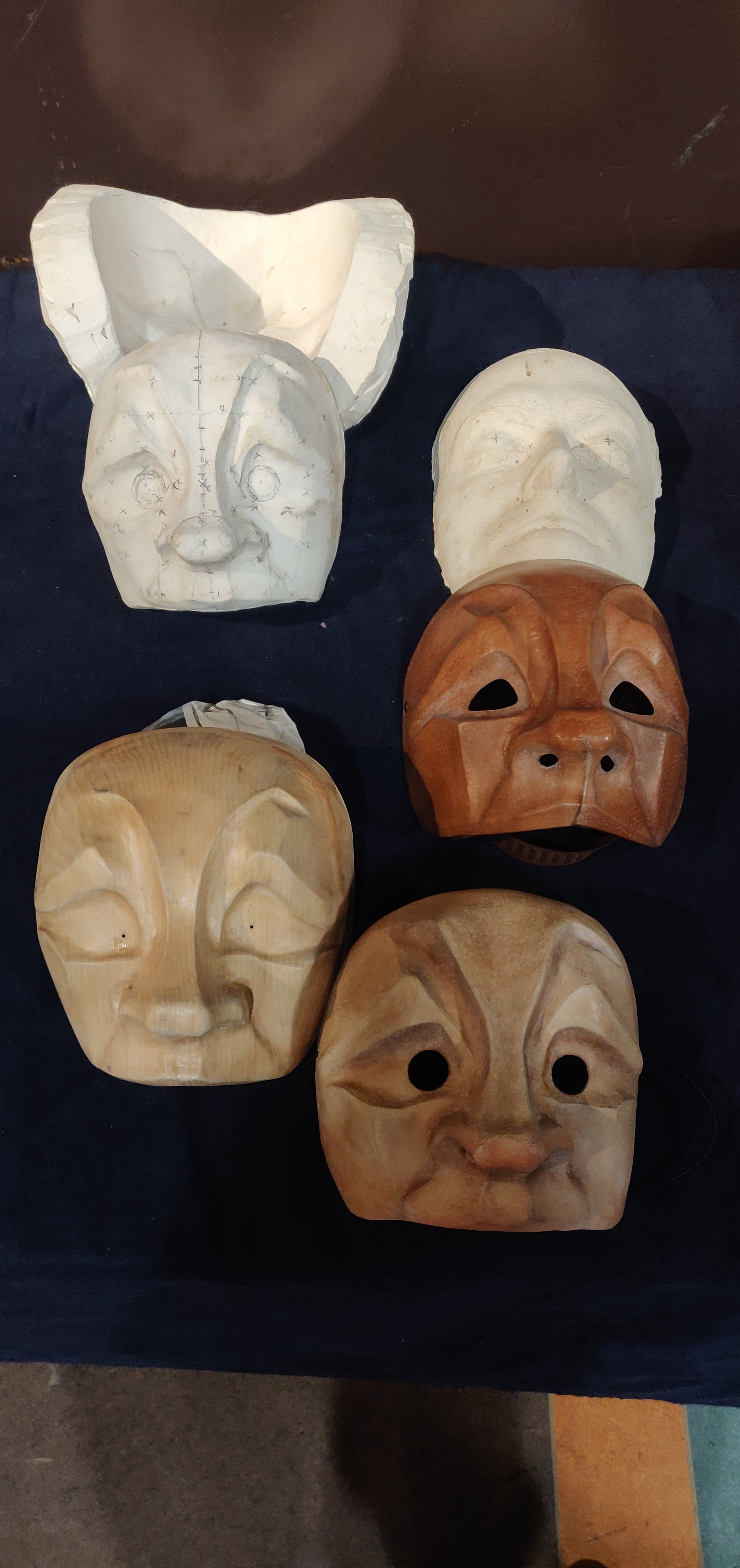 Plaster negative, plaster positive, wooden matrix, life cast, leather mask, papier mache mask