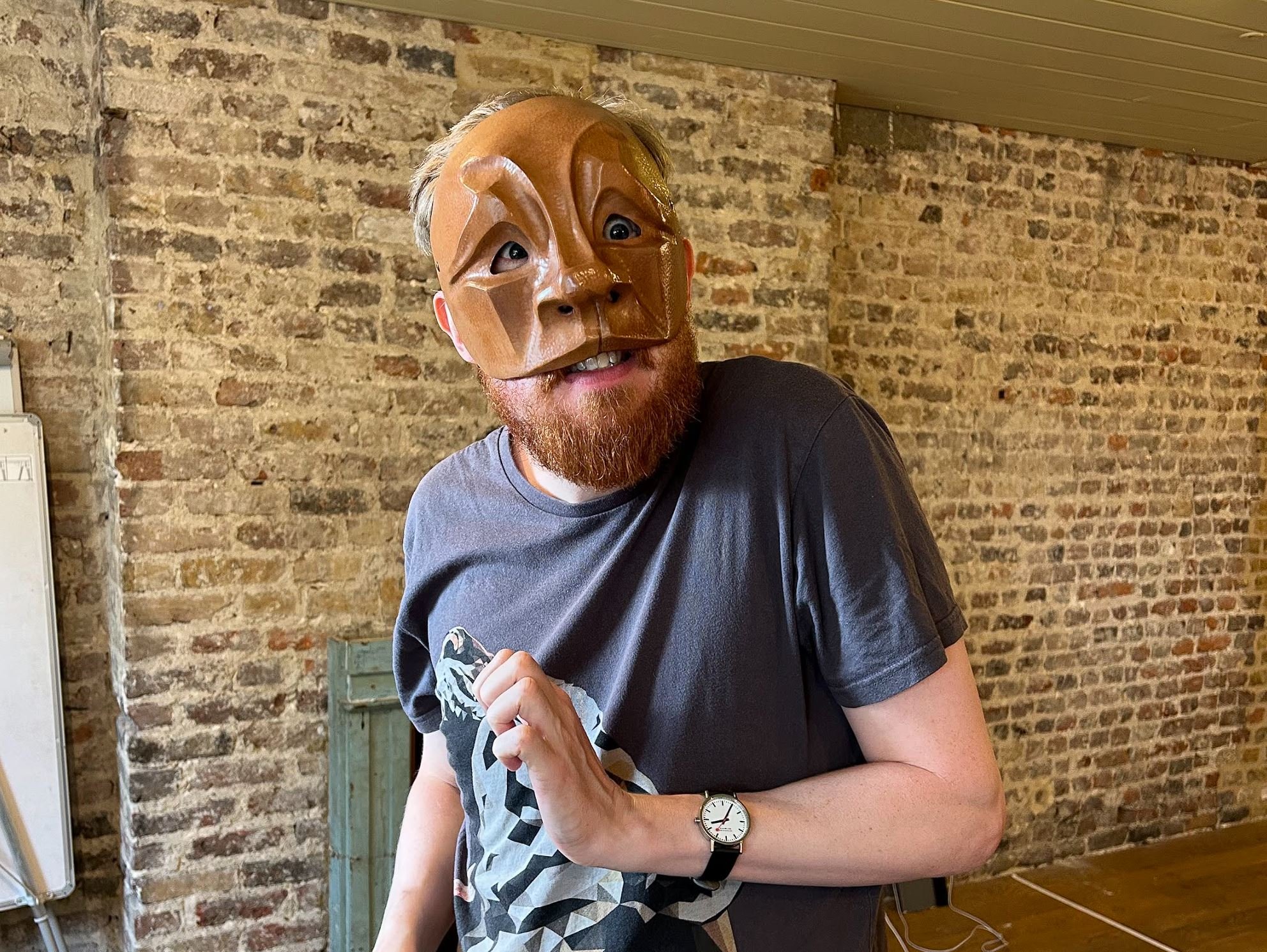 Leather mask in use in a workshop (Wilton's Music Hall)