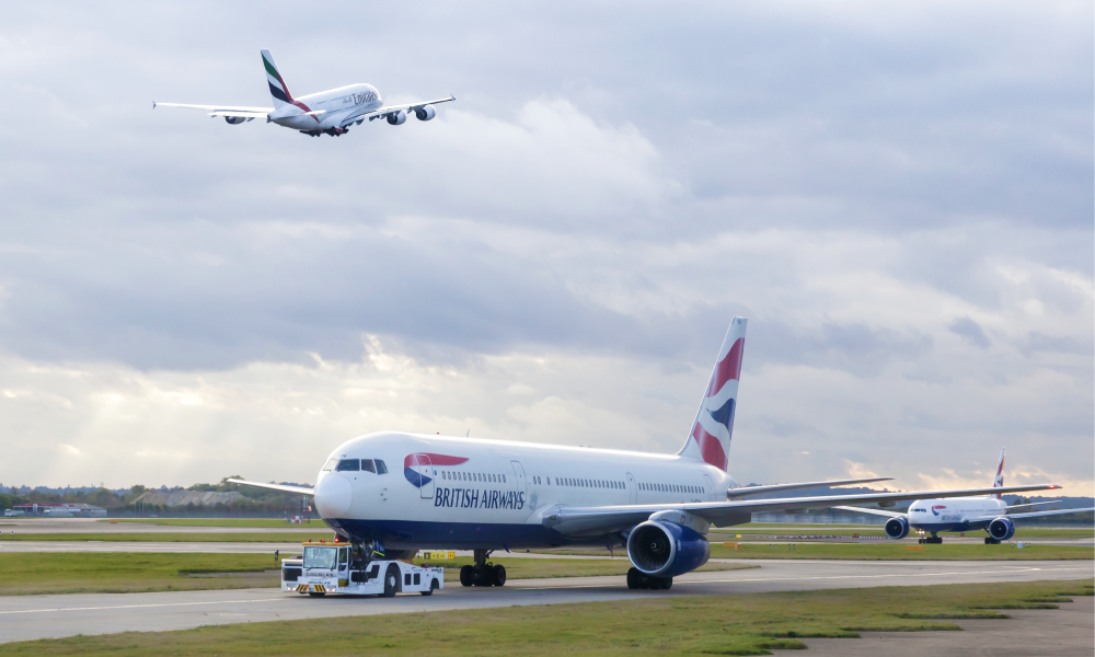Departing and arriving flights at Heathrow airport.