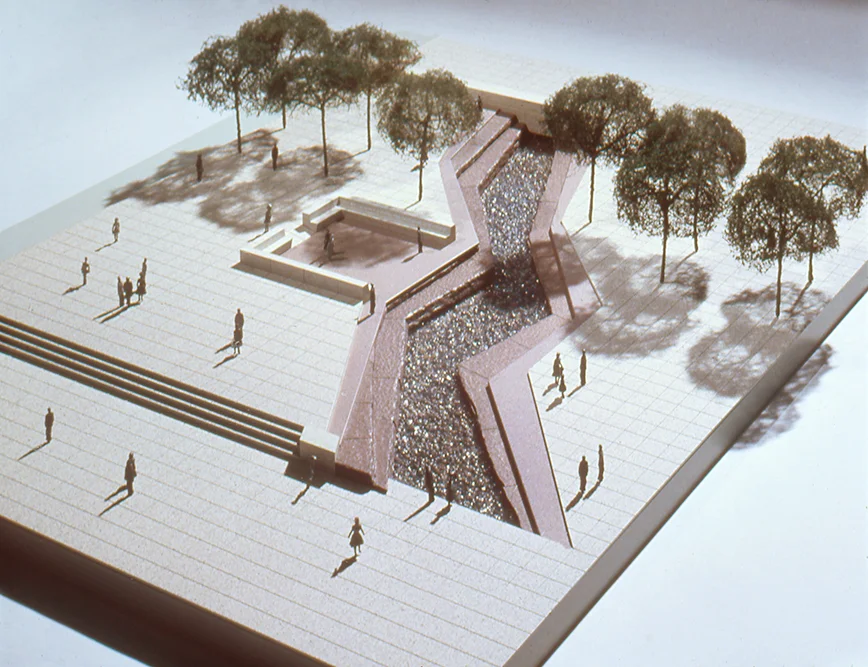 Riverway, 1985, Davenport, IA. Invitational team competition for permanent work. Proposal selected but not constructed. (model pictured)