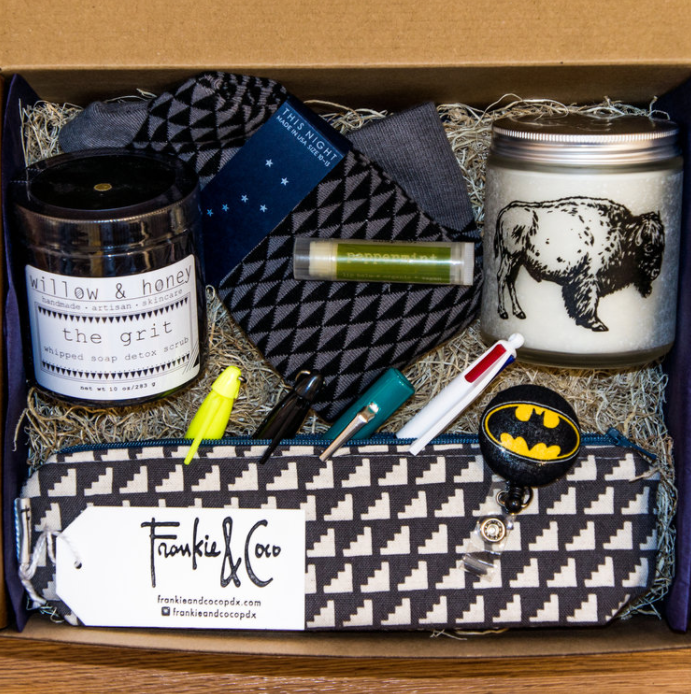 The products featured in The Walt gift box, designed with male nurses in mind