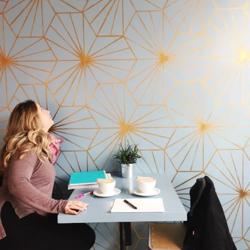 Admiring the accent wall at Preserve & Gather