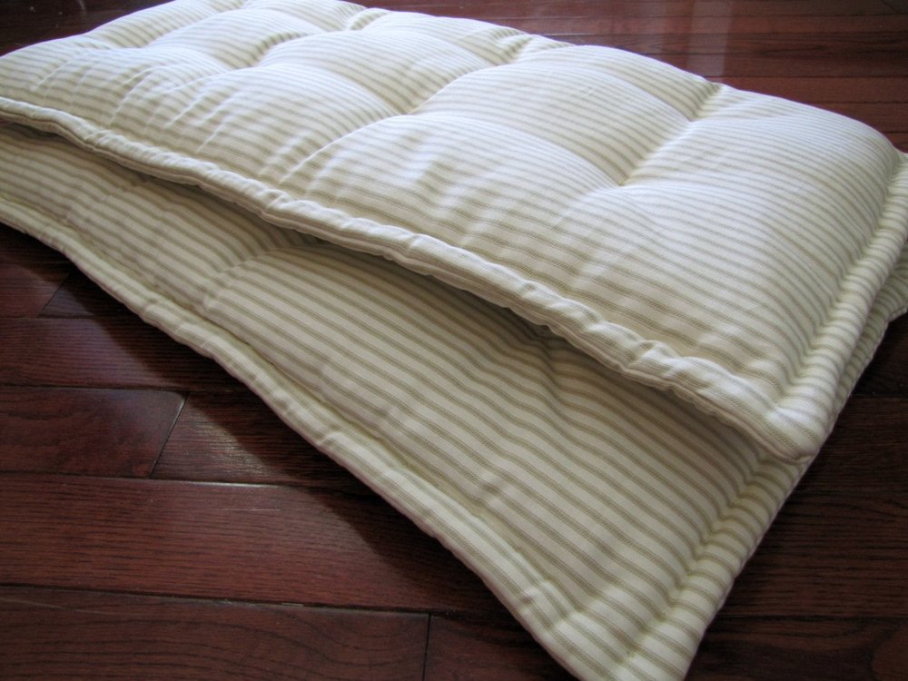 Grateful Home — Custom Bench Cushion in Beige Ticking Stripe Fabric, Dining  Chair Pads with French Mattress Quilted Edging