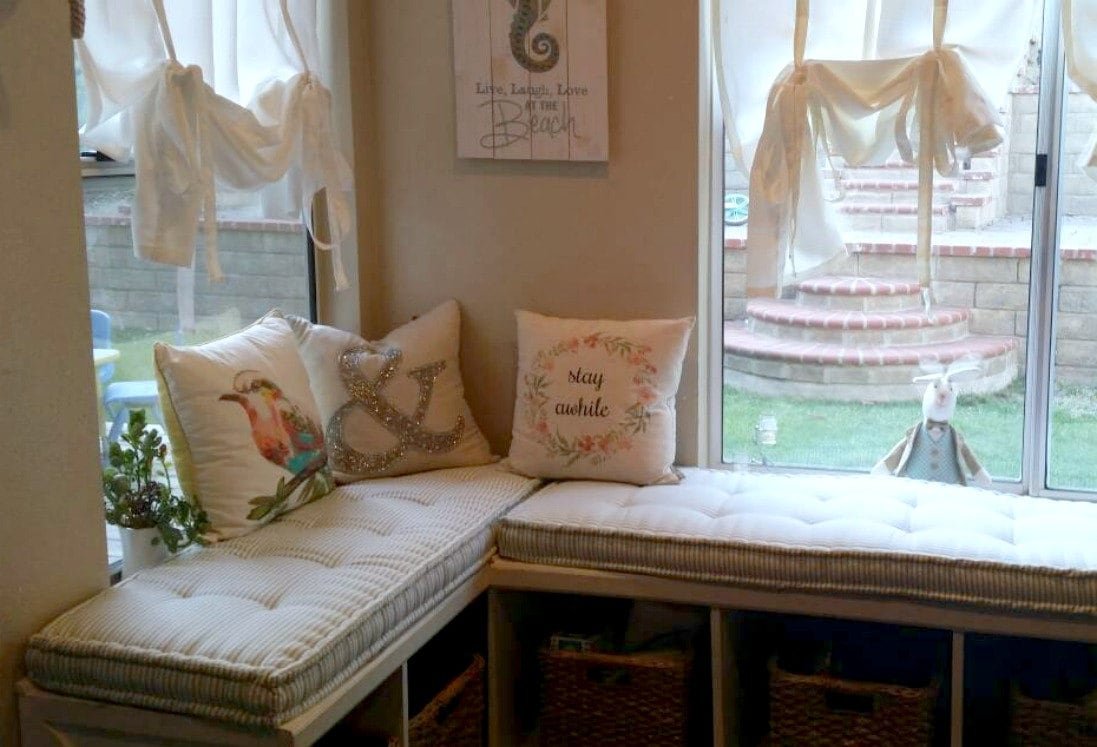 Grateful Home — Custom Cushions in Ticking Stripes with French Mattress  Edge, Window Seat with Bolster and Lumbar Pillows