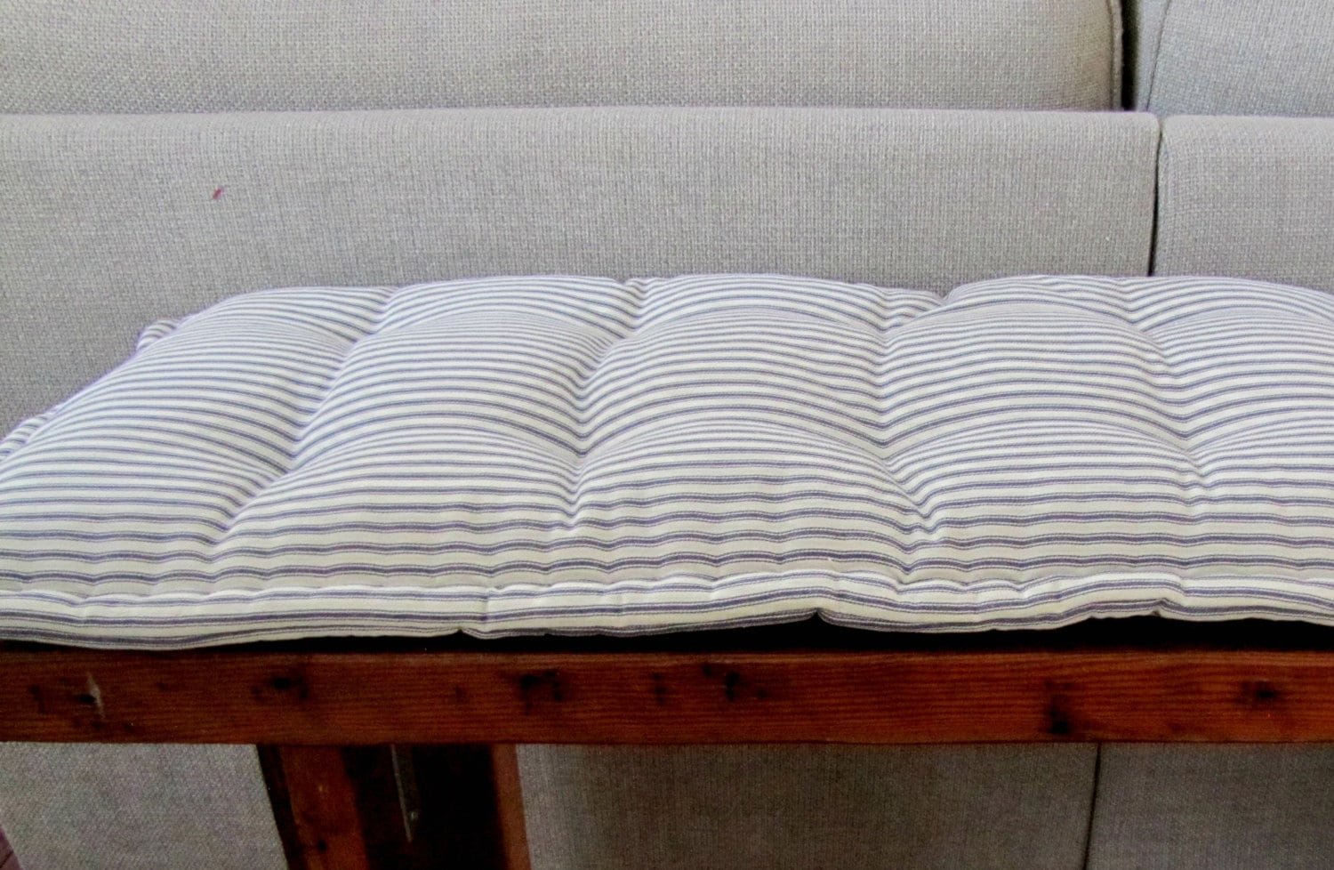 Grateful Home — Custom French Mattress Bench Cushion with Lumbar Back  Pillows in Blue Ticking Stripe Fabric