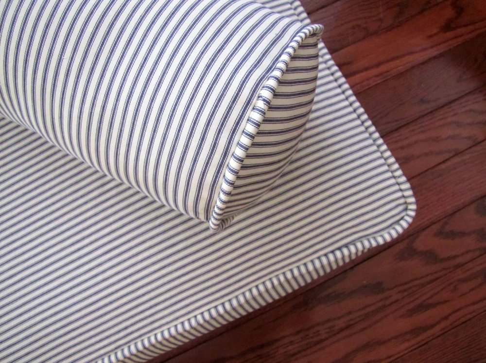 Grateful Home — Piped Slipcover in Blue Ticking Stripe Fabric for Cushions  or Mattress