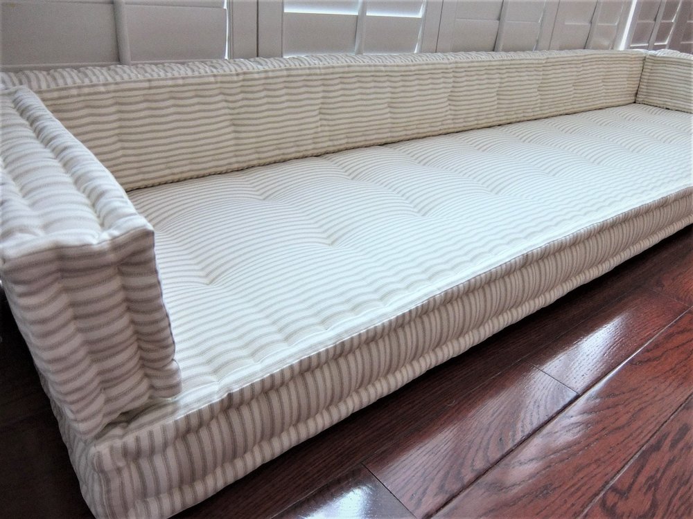 Grateful Home — Custom French Mattress Bench Cushion, Tufted in Gray  Ticking Stripe with Box Edge Back Pillows