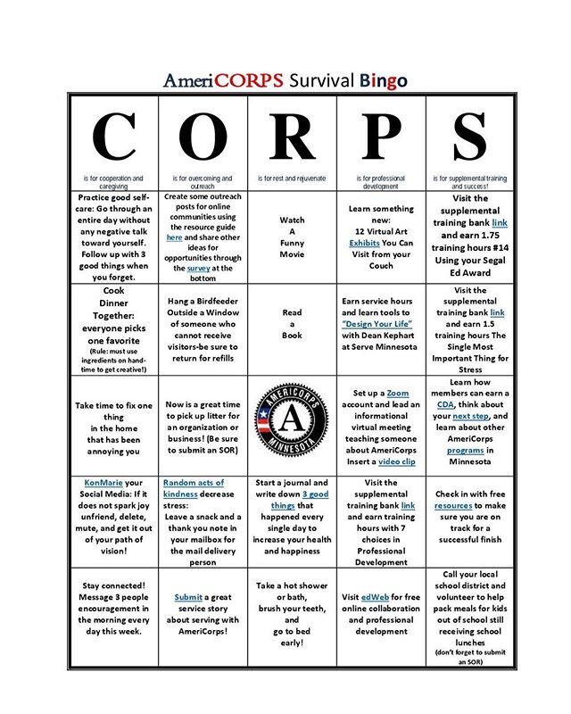 Greetings AmeriCorps members,
Check out this awesome AmeriCorps Survival Bingo and see how many boxes you can check off! #americorps #servemn #iccofmn