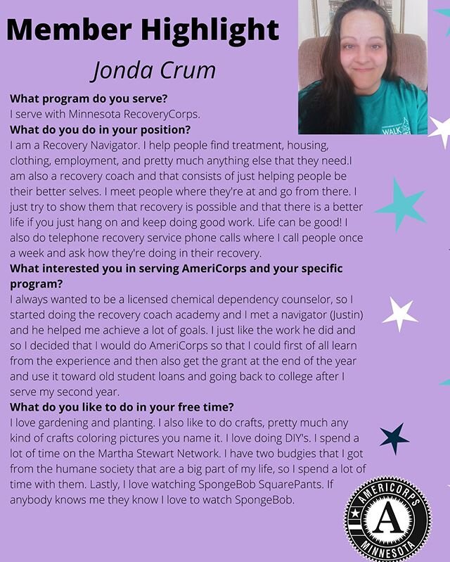 In the coming weeks we will be showcasing the amazing people serving Minnesota! This week highlights Jonda Crum, a Recovery Navigator serving at Minnesota Recovery Connection. Thank you for all of your work Jonda!!